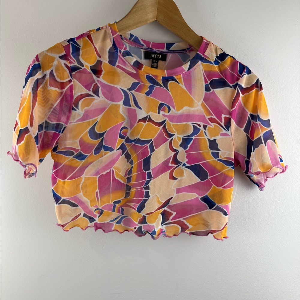 AFRM Isla Mesh Short Sleeve Crop Top Abstract Summer Butterfly M